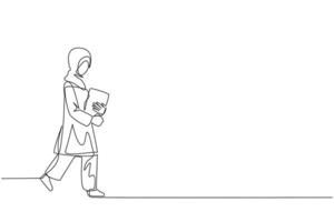 kontinuerlig ett linje teckning arab kvinna gående bärande en bok. gående tillbaka Hem efter besöker de bok festival. hobby läsning. mycket Bra vana. enda linje dra design illustration vektor