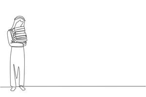 kontinuierlich einer Linie Zeichnung arabisch Mann Stehen umarmen etwas Bücher. Liebling Buch Das Fertig Lektüre. etwas Bücher werden Sein gespendet zu National Bibliothek. Wohltätigkeit. Wissen. Single Linie zeichnen Design vektor
