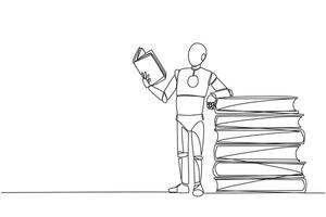 Single kontinuierlich Linie Zeichnung Clever Roboter Stehen lesen Buch während gelehnt gegen ein Stapel von groß Bücher. Hobby von lesen überall. sehr glücklich wann Lektüre. einer Linie Design Illustration vektor