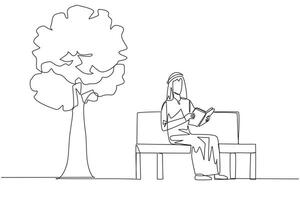 enda ett linje teckning arab man Sammanträde på parkera bänk läsning bok. lära sig förbi återläsning lärobok. läsa till skaffa sig maximal märken. läsning öka insikt. kontinuerlig linje design grafisk illustration vektor