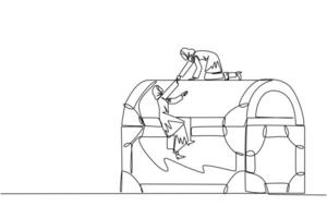 kontinuerlig ett linje teckning arab affärskvinna hjälper kollega klättra skatt bröst. skaffa sig utöver det vanliga vinster. dela med sig lika. starkare tillsammans. pris. enda linje dra design illustration vektor