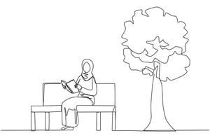 enda ett linje teckning arab kvinna Sammanträde på parkera bänk läsning bok. lära sig förbi återläsning lärobok. läsa till skaffa sig maximal märken. läsning öka insikt. kontinuerlig linje design grafisk illustration vektor