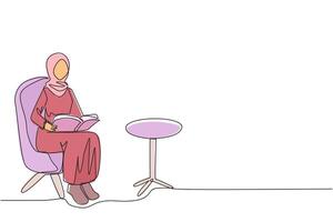 kontinuierlich einer Linie Zeichnung arabisch Frau Sitzung lesen auf Sofa. lesen Fokus im das Leben Zimmer. lindern ermüden von Täglich Aktivitäten. Buch Festival Konzept. Single Linie Design Illustration vektor