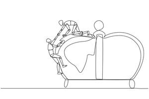 Single kontinuierlich Linie Zeichnung Clever Roboter hilft Partner klettert das groß Krone. wachsen zusammen, Erfolg zusammen. leisten das gewünscht Erfolg. Sieg. Prestige. einer Linie Design Illustration vektor