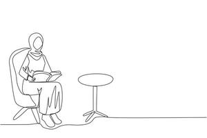 kontinuierlich einer Linie Zeichnung arabisch Frau Sitzung lesen auf Sofa. lesen Fokus im das Leben Zimmer. lindern ermüden von Täglich Aktivitäten. Buch Festival Konzept. Single Linie Design Illustration vektor