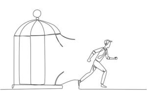kontinuierlich einer Linie Zeichnung Geschäftsmann gefangen im das Käfig Laufen durch das Käfig. Metapher dringt ein das maximal Grenze von selbst. Verlangen zu erfolgreich. Single Linie zeichnen Design Illustration vektor