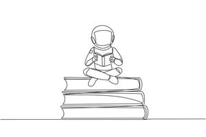 Single einer Linie Zeichnung Astronaut Sitzung mit gekreuzten Beinen auf Stapel von groß Bücher. lesen Comic. lesen Lehrbuch. lesen wissenschaftlich Tagebuch. lesen erhöhen, ansteigen Einblick. kontinuierlich Linie Design Grafik Illustration vektor