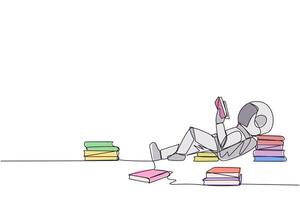 kontinuerlig ett linje teckning astronaut liggande ner läsning en bok. massor av böcker spridd runt om. hobby läsning. Plats bok festival begrepp. kosmisk galax. enda linje dra design illustration vektor