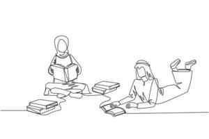 kontinuerlig ett linje teckning arab man kvinna verkligen gillar läsning. varje dag ett bok är läsa. Bra vana. där är Nej dag utan läsning bok. bok festival begrepp. enda linje dra design vektor