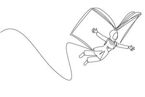 kontinuierlich einer Linie Zeichnung arabisch Frau fliegend mit Flügel Das Kommen Sie von öffnen groß Buch. das Metapher getragen Weg mit das Handlung. konstruktiv Fantasie. Single Linie zeichnen Design Illustration vektor