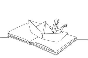 enda ett linje teckning arab kvinna läsning en bok på en papper båt. upprätthålla Bra vanor. de liknelse av läsning kan utforska hav. bok festival begrepp. kontinuerlig linje design grafisk illustration vektor