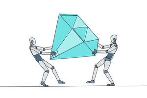 kontinuerlig ett linje teckning två självisk robot stridande över de stor diamant. bekämpa över diamant gruvor den där göra vinst lyft för robotisk. konflikt. ai tech. enda linje dra design illustration vektor