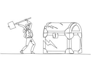 kontinuierlich einer Linie Zeichnung Geschäftsfrau vorbereiten zu schlagen groß Schatz Brust. Amoklauf. Laufen aus von Hauptstadt. stehlen. tun schmutzig Geschäft. nicht ein lobenswert. Single Linie Design Illustration vektor