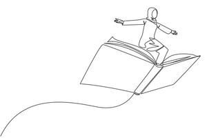 Single kontinuierlich Linie Zeichnung arabisch Frau Stehen auf groß fliegend öffnen Buch. mögen Reiten ein Wolke, fähig zu fliegen wie hoch wie möglich. lesen erhöhen, ansteigen Einblick. einer Linie Design Illustration vektor