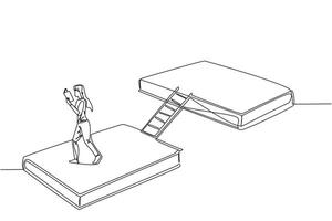 Single einer Linie Zeichnung Frau Gehen lesen auf Bücher. ein Buch Ausstellung Konzept. Anzeige viele Bücher, von wissenschaftlich Bücher zu Fiktion Geschichte Bücher. Buch Festival. kontinuierlich Linie Grafik Illustration vektor