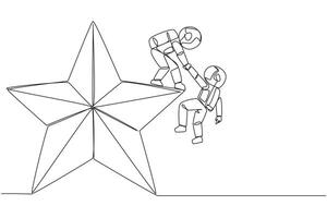 kontinuierlich einer Linie Zeichnung Astronaut hilft Kollege steigen groß Stern. Metapher von erreichen Träume von Erfolg zusammen. haben ein sehr gut Werdegang Position. Single Linie zeichnen Design Illustration vektor