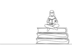 Single kontinuierlich Linie Zeichnung Frau Sitzung mit gekreuzten Beinen auf Stapel von groß Bücher. lesen Comic. lesen Lehrbuch. lesen wissenschaftlich Tagebuch. lesen erhöhen, ansteigen Einblick. einer Linie Design Illustration vektor