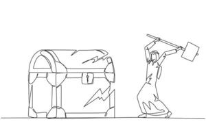 enda ett linje teckning arab affärsman framställning till träffa stor skatt bröst. framfart. löpning ut av huvudstad. stjäla. håller på med smutsig företag. inte berömvärt. kontinuerlig linje design grafisk illustration vektor