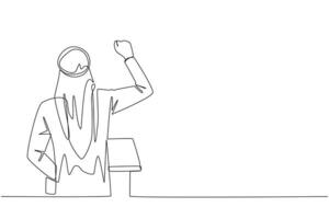 kontinuierlich einer Linie Zeichnung Rückseite Aussicht von arabisch Geschäftsmann Sprechen beim Podium. erziehen und Zusammenpressen Hände, er begeistert gab finanziell dazugewinnen Rede. Single Linie zeichnen Design Illustration vektor