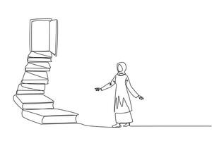 Single kontinuierlich Linie Zeichnung arabisch Frau steigen Treppe von das Buch Stapel. gegenüber das breit öffnen Tür. Metapher von finden das Antworten von Bücher. Buch Festival. einer Linie Design Illustration vektor