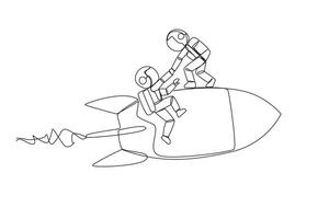 Single kontinuierlich Linie Zeichnung Astronaut hilft Kollege steigen fliegend Rakete. Metapher Hilfe im Verwaltung Unternehmen Geäst. in die Höhe geschossen mögen das Bisherige Geschäft. einer Linie Design Illustration vektor