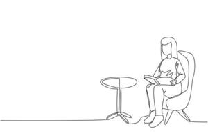 enda ett linje teckning kvinna Sammanträde läsning på soffa. läsning fokus i de levande rum. roligt hobby. lindra Trötthet från dagligen aktiviteter. bok festival begrepp. kontinuerlig linje grafisk illustration vektor