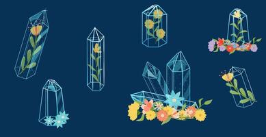 kristall blommor och kristaller på en blå bakgrund vektor