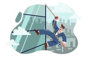 företag man klättrar skyskrapa använder sig av rep, önskar till klättra karriär stege och uppnå ledarskap vektor