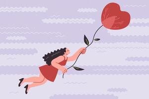 Frau fliegt im Herz geformt heiß Luft Ballon, erleben Freude nach Empfang Erklärung von Liebe vektor