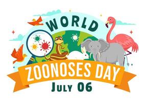 Welt Zoonosen Tag Illustration auf 6 Juli mit verschiedene Tiere und Pflanze welche ist im das Wald zu schützen im eben Karikatur Hintergrund Design vektor