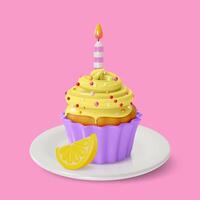 3d Zitrone Cupcake mit Kerze Süss Dessert Essen Karikatur vektor
