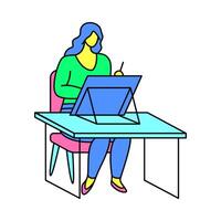 Charakter Mädchen mit Computer beim Sitzung beim Schreibtisch Konzept Kontur linear Stil. vektor