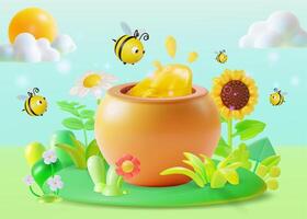 3d organisch Bauernhof Produkte Blume Honig Konzept Hintergrund Karikatur vektor