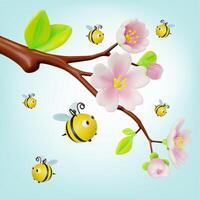 3d Blühen Sakura Ast mit fliegend um Bienen Karikatur vektor