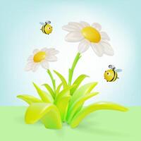 3d Kamille Blume mit fliegend um Bienen Insekten Karikatur vektor