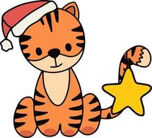 Vektor niedliche Baby Tiger sitzende Pose des neuen Jahres. Tiger mit Weihnachtsmütze und gelbem Sternspielzeug. isolierte kinderzimmer clipart