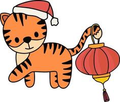 Vektor süßes neues Jahr Baby Tiger stehende Pose. Tiger mit Weihnachtsmütze und chinesischer Papierlaterne. isolierte kinderzimmer clipart