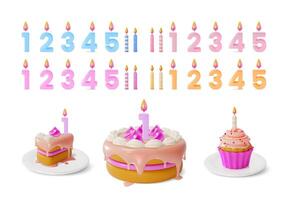 3d ljus tal med cupcake, födelsedag kaka bit och hela uppsättning tecknad serie . vektor