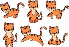 Vektor-Sammlung rote Baby-Tiger verschiedene Posen. Gekritzel-Baby-Tiger für die Kinderzimmerdekoration. Cartoon-Tiger-Sammlung. vektor