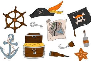 Vektor buntes Piratenbündel mit isolierten Elementen. Anker, Schatzkiste, Piratenhut und Flagge, Piratenhaken, Rum, Schatzkarte