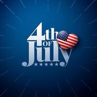 4 .. von Juli Unabhängigkeit Tag Illustration mit Typografie Beschriftung und amerikanisch Flagge im 3d Herz auf Blau Hintergrund. vierte von Juli National Feier Design zum Banner, Postkarte, Gruß vektor