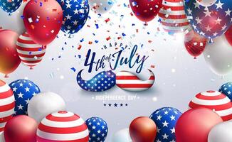 4:e av juli oberoende dag av de USA illustration med mustasch. amerikan flagga mönster fest ballong och faller konfetti på mörk blå bakgrund. fjärde av juli nationell firande design vektor