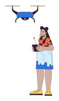 Latina Frau steuern uav Drohne 2d linear Karikatur Charakter. spanisch weiblich mit Fernbedienung Regler isoliert Linie Person Weiß Hintergrund. Freizeit fliegend Farbe eben Stelle Illustration vektor