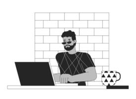 afrikansk amerikan man arbetssätt på bärbar dator svart och vit 2d linje tecknad serie karaktär. manlig anställd skriver på dator isolerat översikt person. kontor arbetsplats enfärgad platt fläck illustration vektor