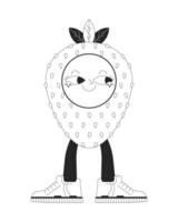 glücklich Erdbeere Turnschuhe schwarz und Weiß 2d Linie Karikatur Charakter. lächelnd Obst tragen Sport Schuhe isoliert Gliederung Persönlichkeit. y2k groovig retro Obst monochromatisch eben Stelle Illustration vektor