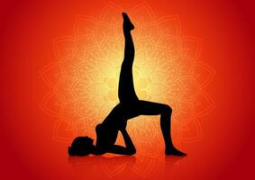 silhuett av kvinna i yoga utgör på mandala design bakgrund vektor