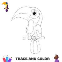 aktivitet kalkylblad för ungar. spår och Färg tukan. handstil öva sida vektor