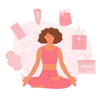 flicka Sammanträde i meditation utgör med menstruations- Produkter runt om. menstruation uppsättning för kvinna hygien vektor