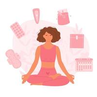 Mädchen Sitzung im Meditation Pose mit Menstruation- Produkte um. Menstruation einstellen zum Frau Hygiene vektor