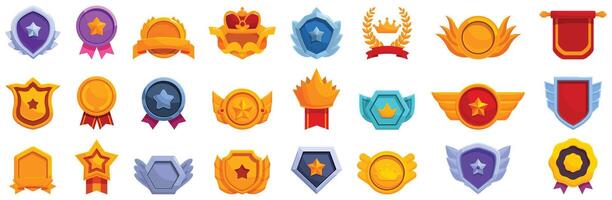 kunglig trofén medalj ikoner uppsättning tecknad serie . form bricka vektor